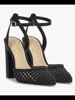Jessica Simpson Nariro Black Woven Ankle-Strap Block Heel Pumps 7.5